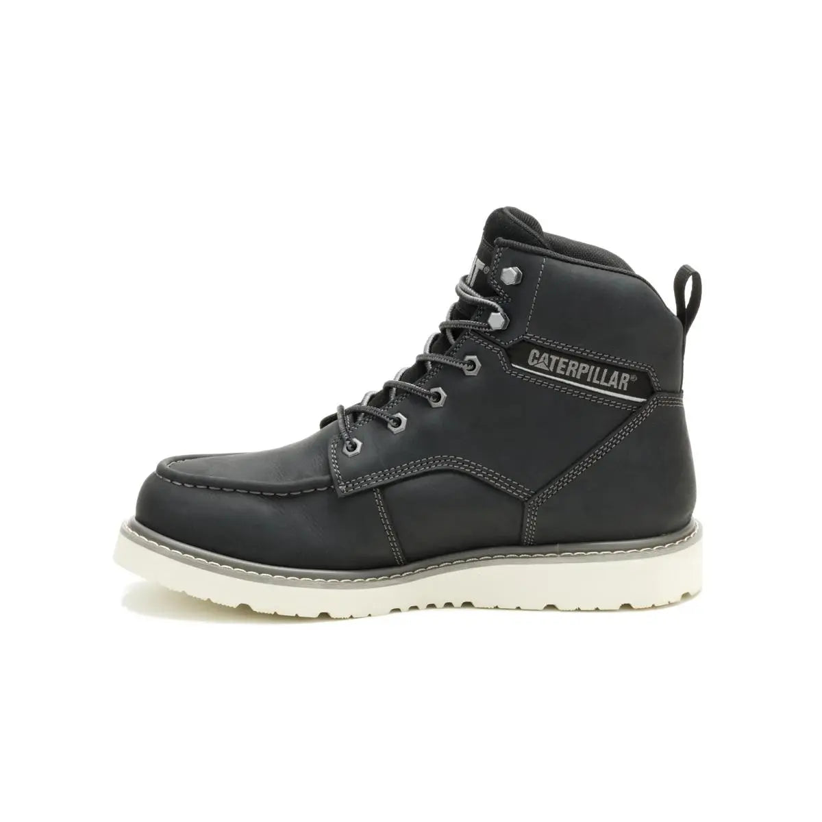 Men's Reclaimer wedge waterproof work boots in black color by CAT left side view