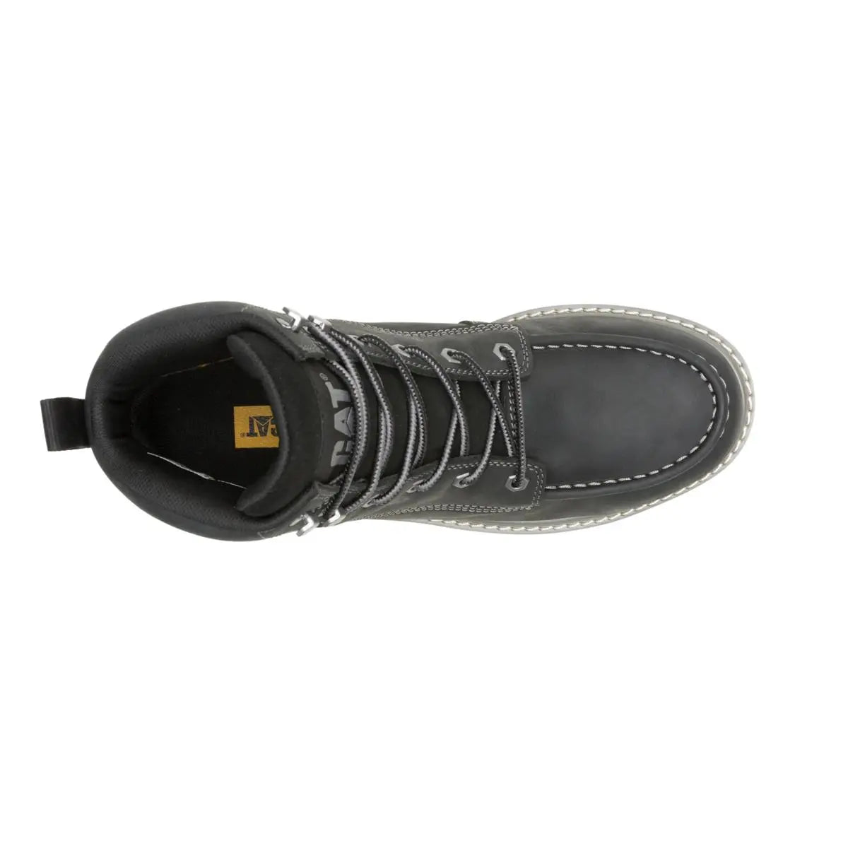 Men's Reclaimer wedge waterproof work boots in black color by CAT top view