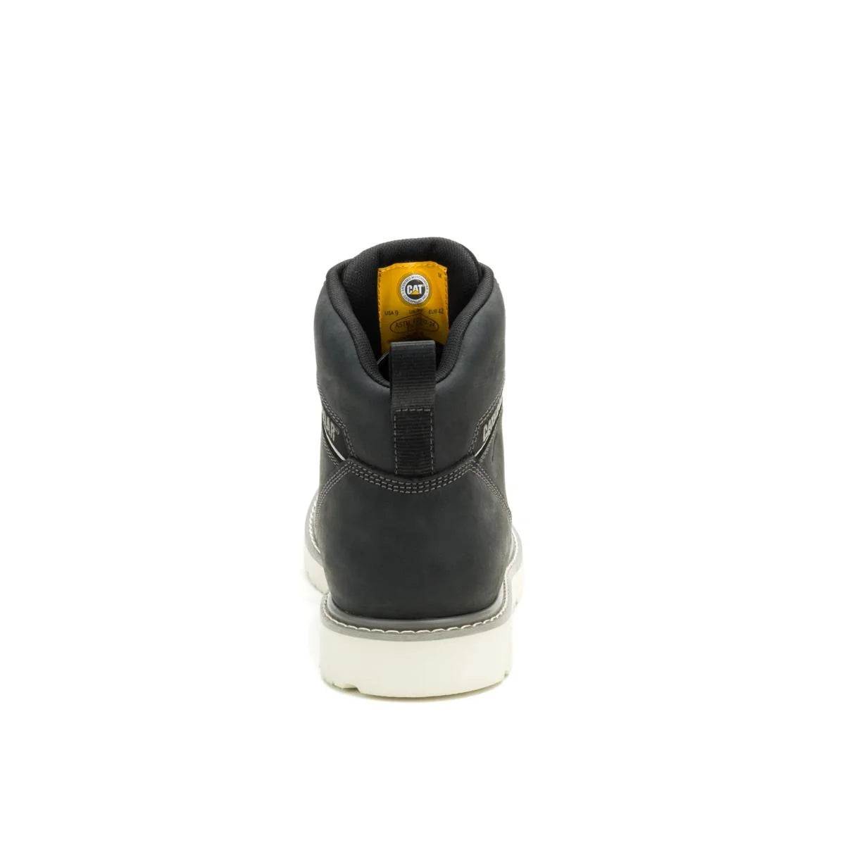 Men's Reclaimer wedge waterproof work boots in black color by CAT back view