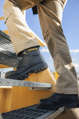 Men's Second Shift soft toe work boots in black by CAT worn view