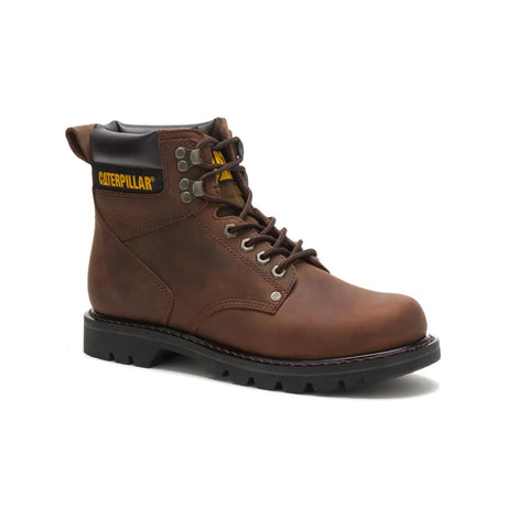 Men's Second Shift soft toe work boots in dark brown by CAT side