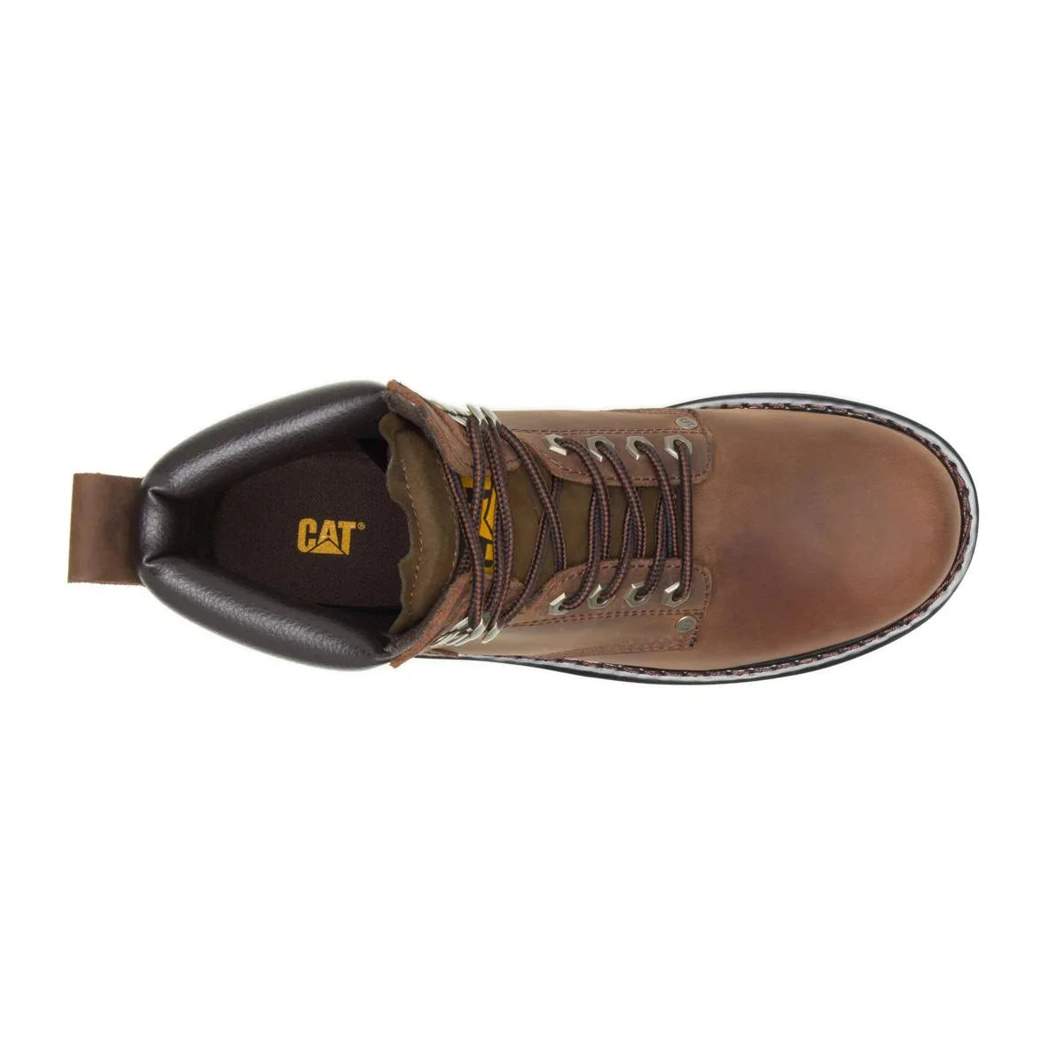 Men's Second Shift soft toe work boots in dark brown by CAT top view