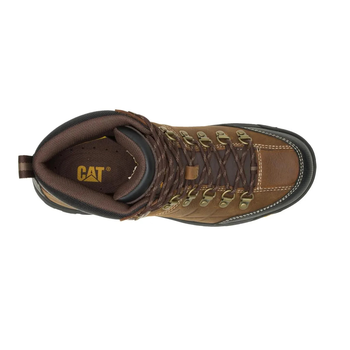 Men's Threshold waterproof work boots in real brown by CAT top view