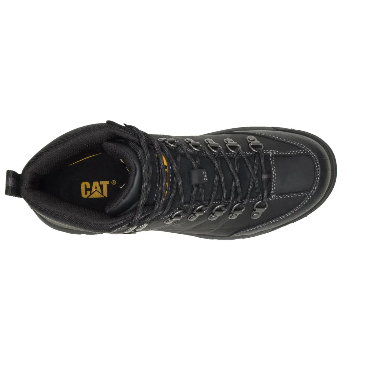 Men's Threshold waterproof work boots in black by CAT top view