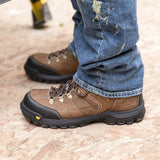 Men's Threshold waterproof steel toe work boots in real brown by CAT worn view