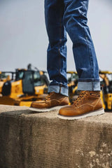 Men's Reclaimer wedge waterproof steel toe work boots in pyramid color by CAT worn view