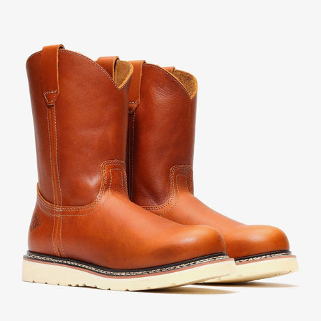 Bonanza Frontier 10-inch Golden Tan Wellington work boots – durable leather, slip-on design, pair 