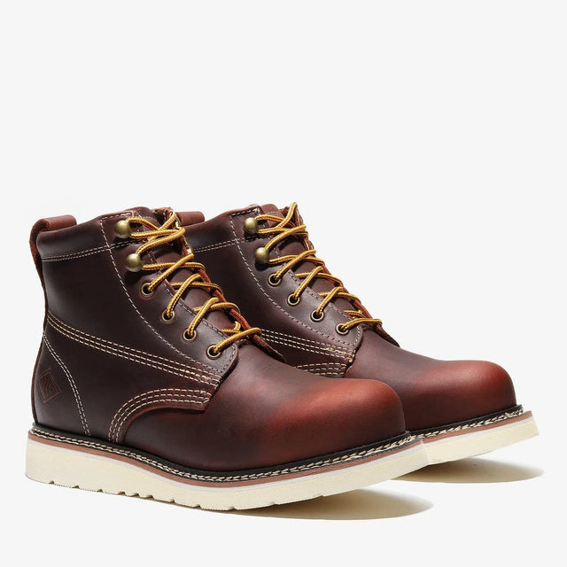 "Tackle any task in Bonanza Frontier Classic 6" black work boots. Plain toe design, rugged leather, and lasting comfort for hard-working feet."