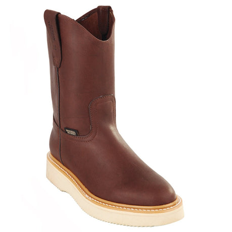 Men's soft toe lined sole work boots in brown by Original Michel side view