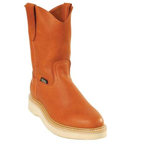 Men's soft toe lined sole work boots in cognac by Original Michel side view