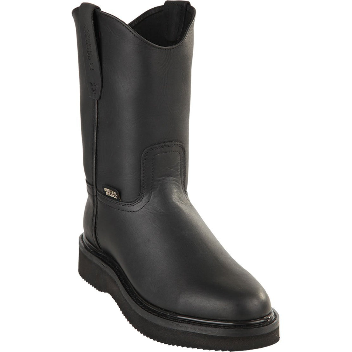 Men's soft toe lined sole work boots in black by Original Michel side view
