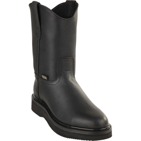 Men's soft toe lined sole work boots in black by Original Michel side view