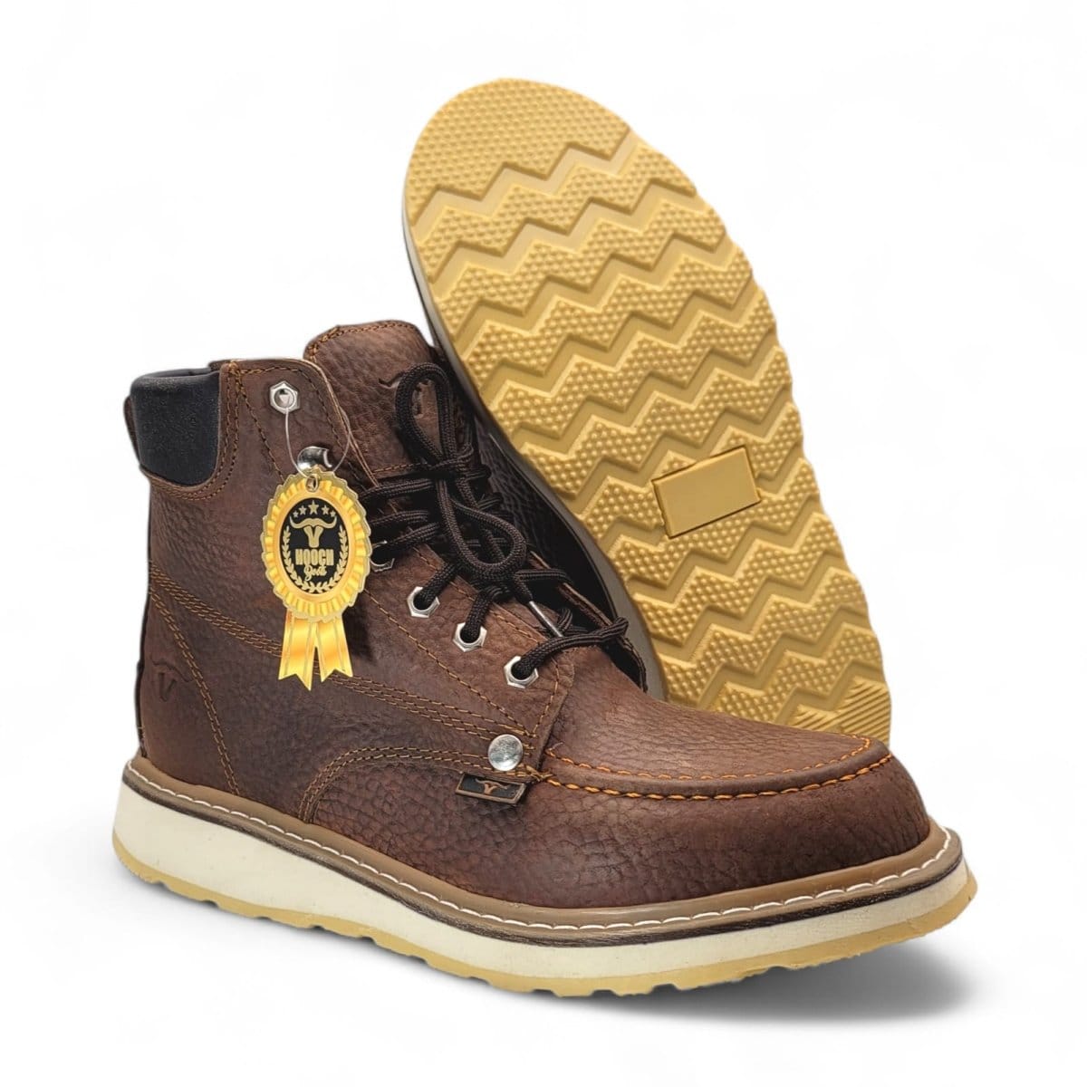 Hooch Boots H80131 men's 6-inch honey genuine leather moc toe work boots pair sole view