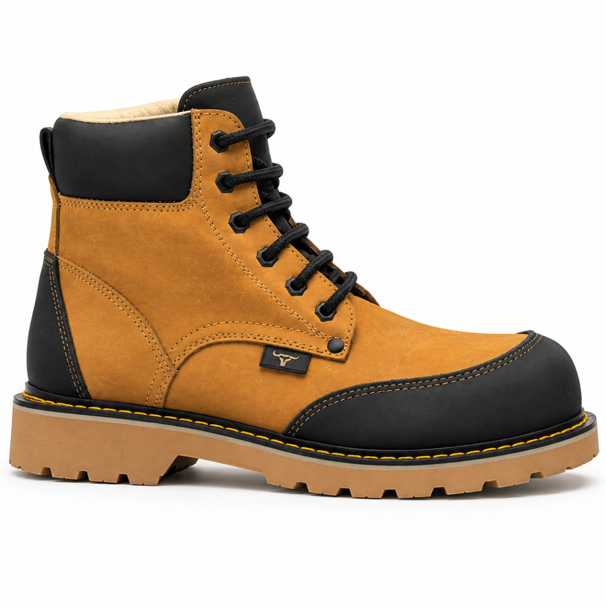 Hooch Boots H60351 men's 6-inch honey and black genuine leather moc toe work boots side view