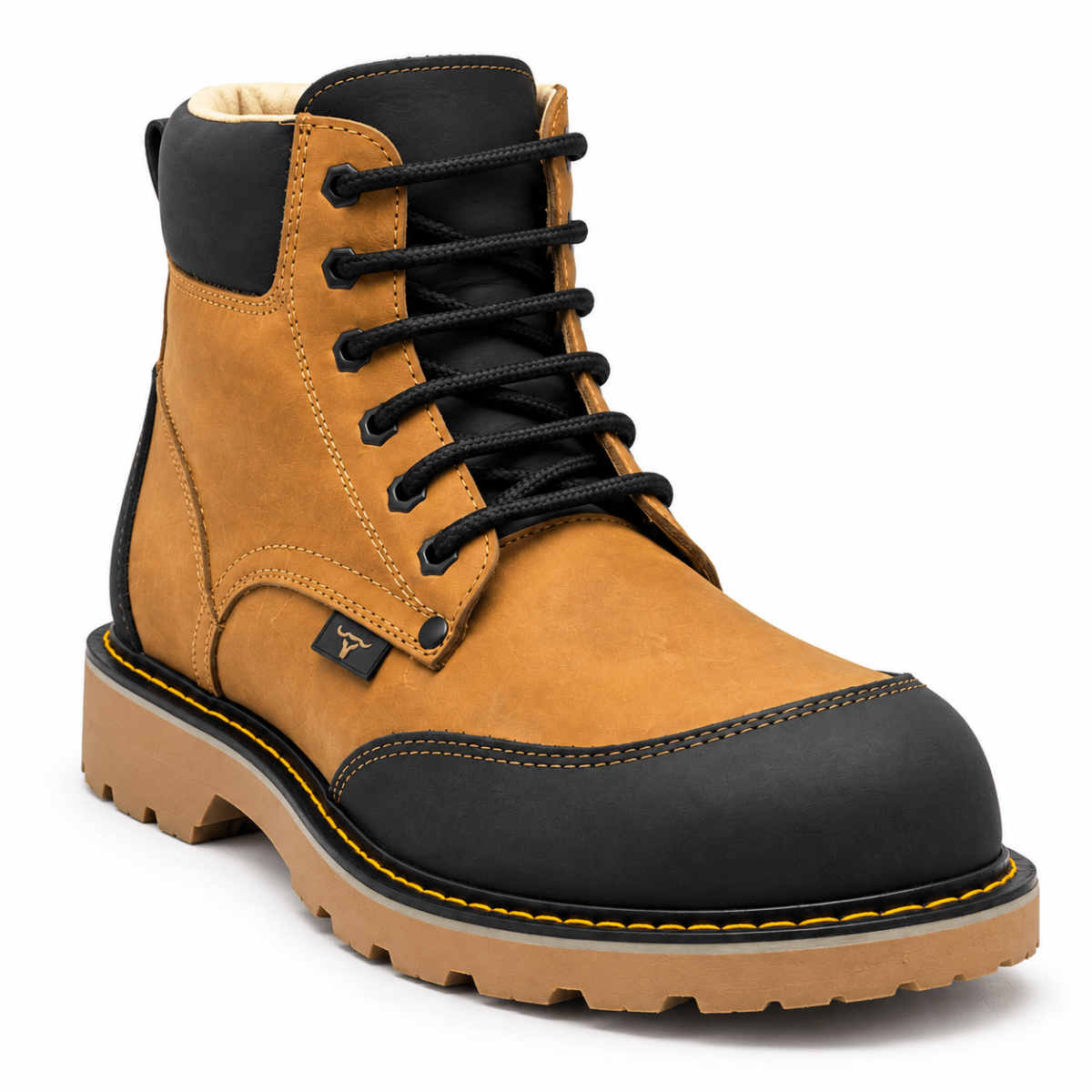 Hooch Boots H60351 men's 6-inch honey and black genuine leather moc toe work boots angle view
