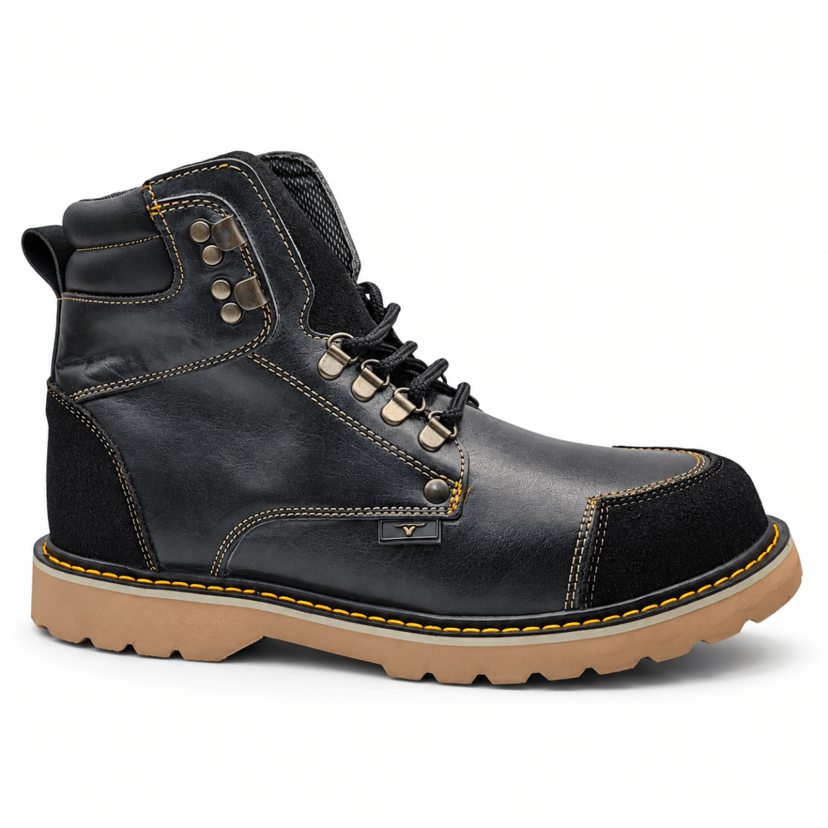 Hooch Boots H70405 men's black genuine leather work boots with tractor lug rubber sole side view