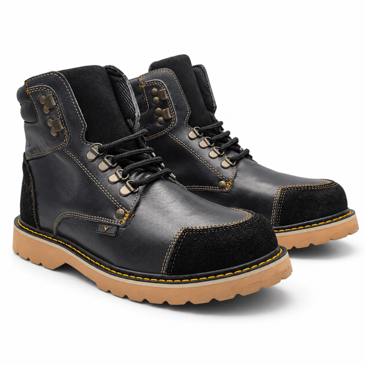 Hooch Boots H70405 men's black genuine leather work boots with tractor lug rubber sole angle pair view