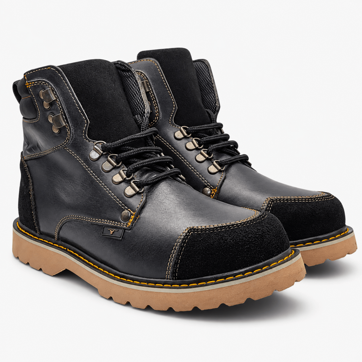 Hooch Boots H70405 men's black genuine leather work boots with tractor lug rubber sole pair view