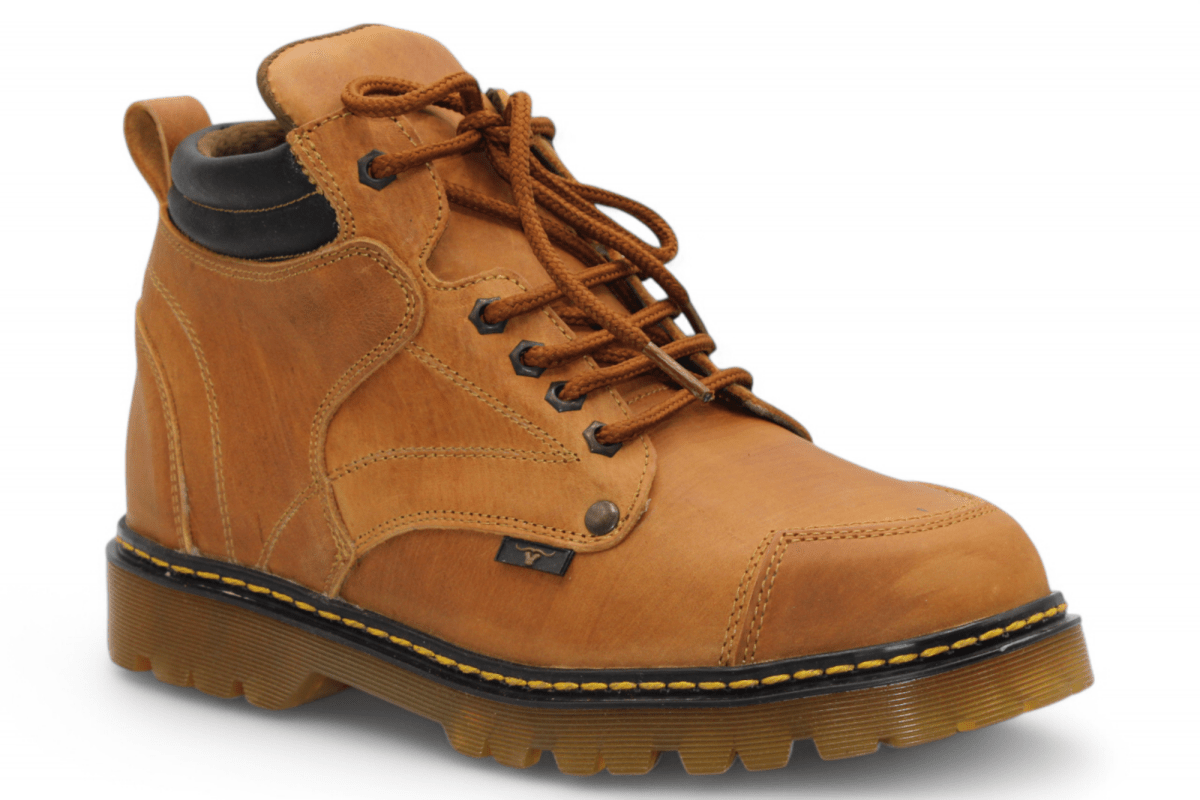 Hooch Boots H60151 men's honey leather round toe work boots with clear rubber sole angle view