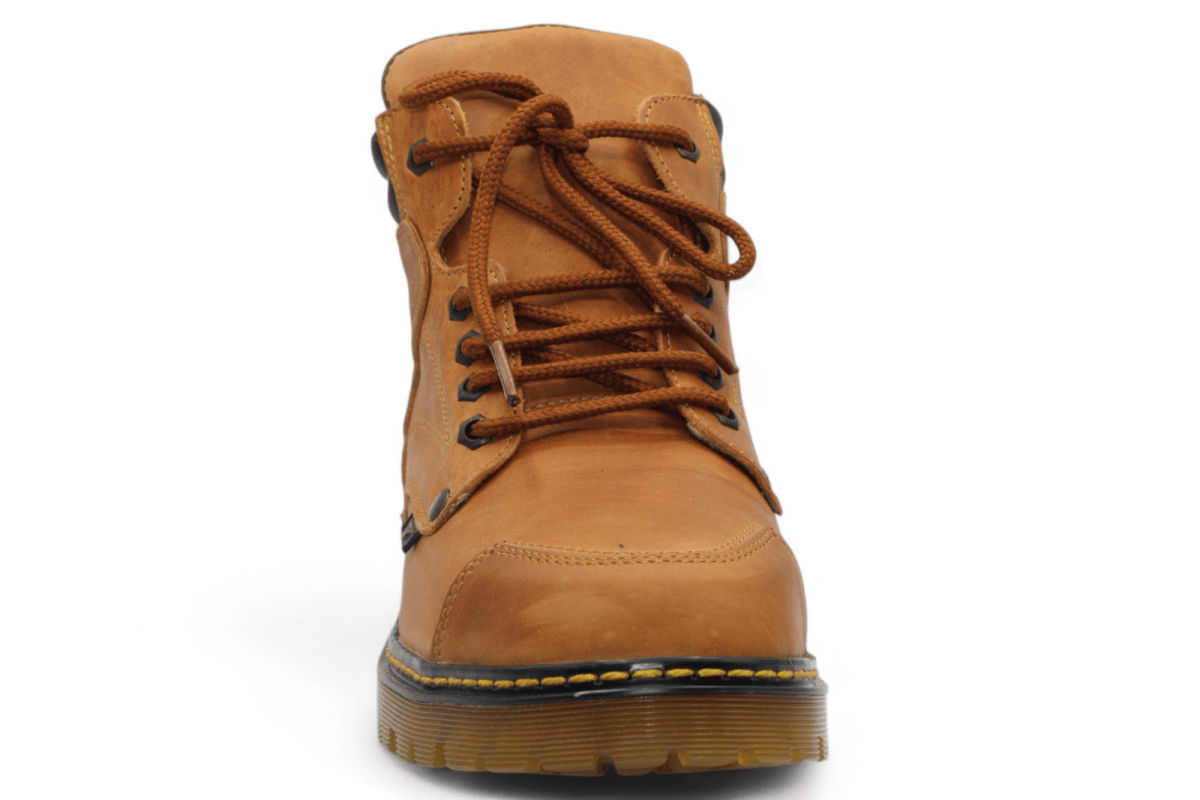 Hooch Boots H60151 men's honey leather round toe work boots with clear rubber sole front view