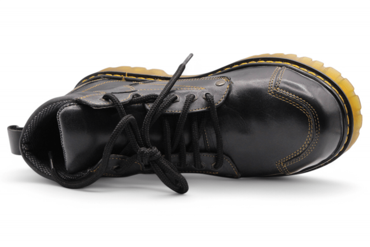 Hooch Boots H60405 men's black leather round toe work boots with clear rubber sole top view