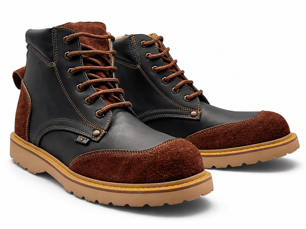 Hooch Boots H60205 black genuine leather work boots featuring a classic round toe design pair view