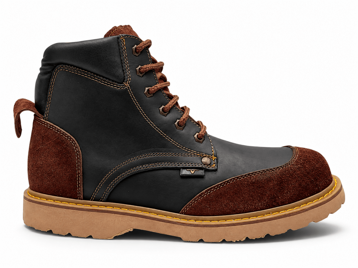 Hooch Boots H60205 black genuine leather work boots featuring a classic round toe design side view