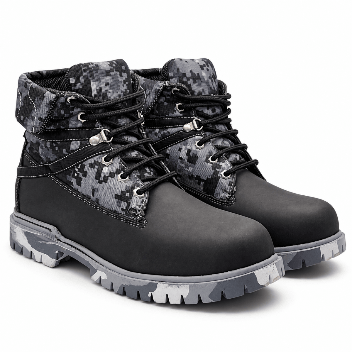 Hooch Boots H70209 men's black genuine leather round toe work boots with digital camo panels pair view