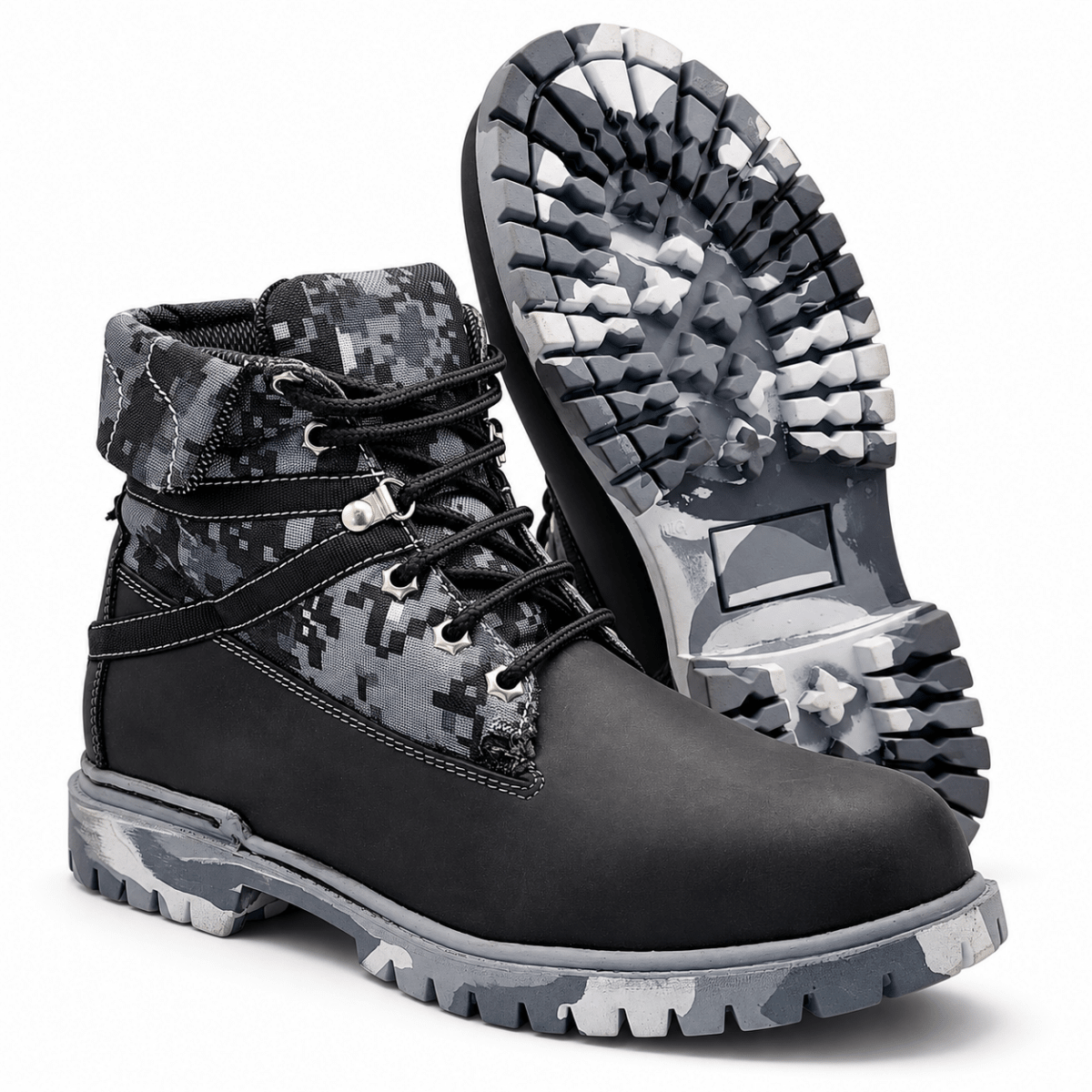 Hooch Botas de Trabajo Bota de Trabajo para Hombre Punta Redonda de Piel Genuina con Paneles Camuflaje Digital Color Negro con Suela Tipo Tractor de Hule – Hooch Boots H70209