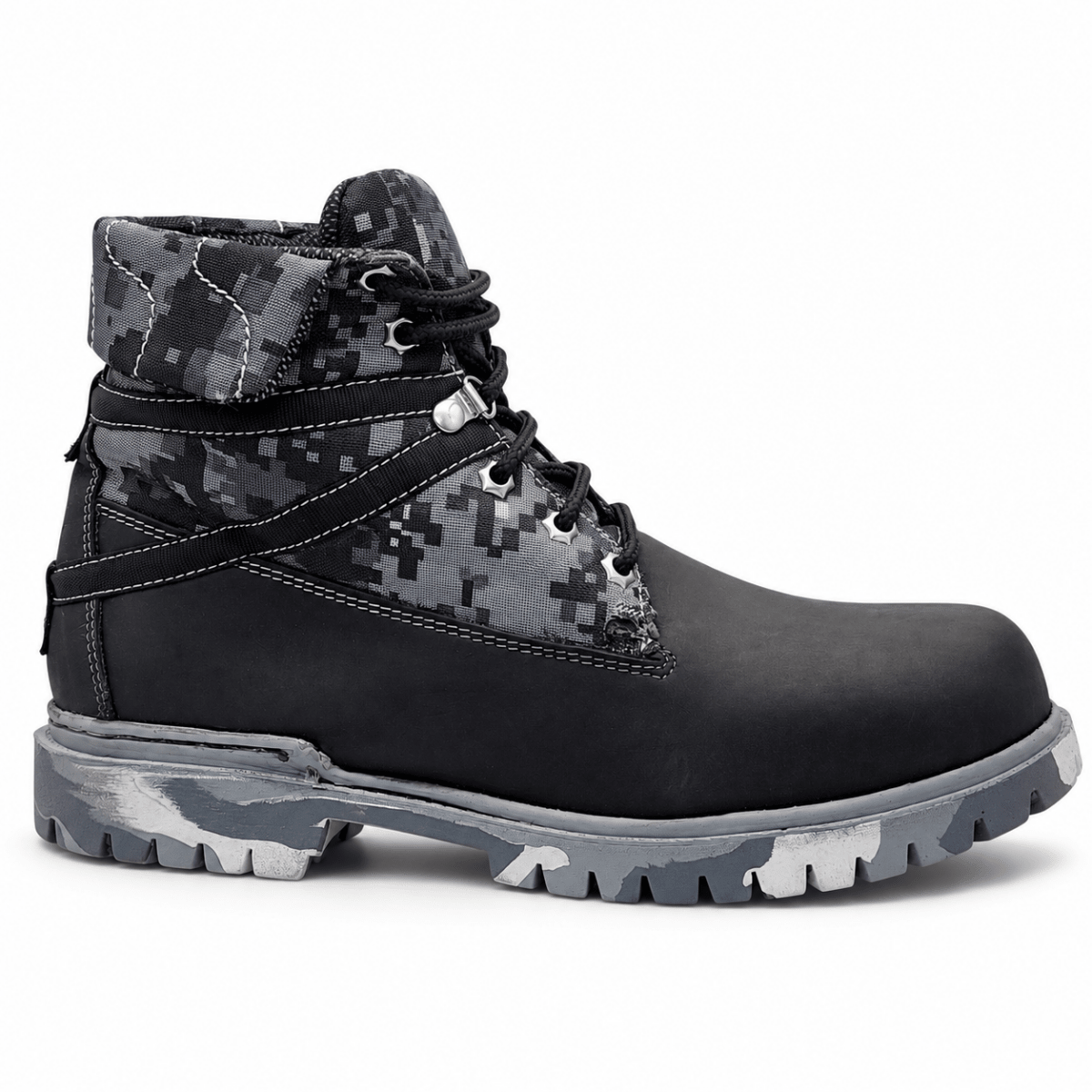 Hooch Boots H70209 men's black genuine leather round toe work boots with digital camo panels side view