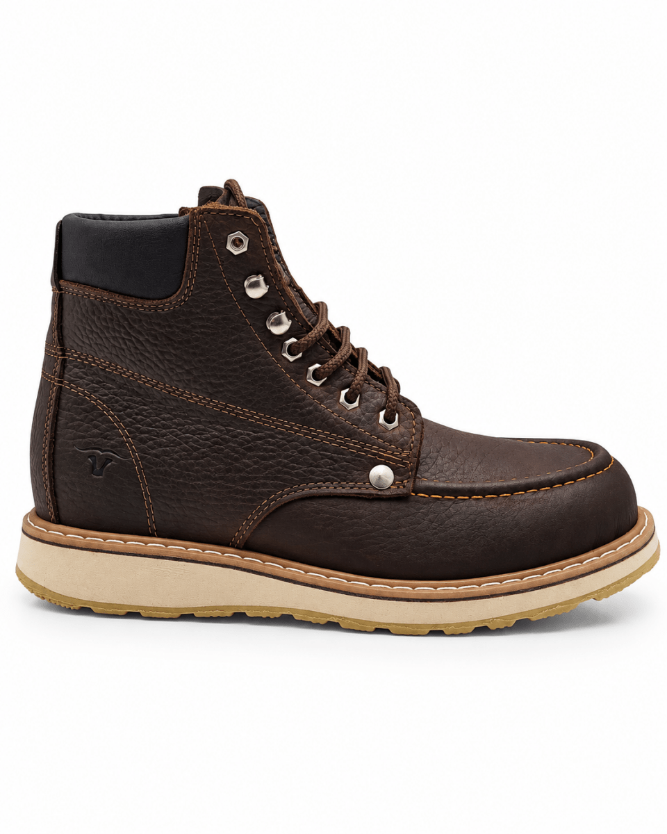 Hooch Boots H80194 men's 6" chocolate genuine leather soft moc toe work boots side view