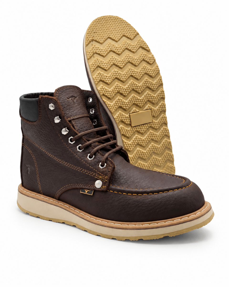 Hooch Boots H80194 men's 6" chocolate genuine leather soft moc toe work boots pair view