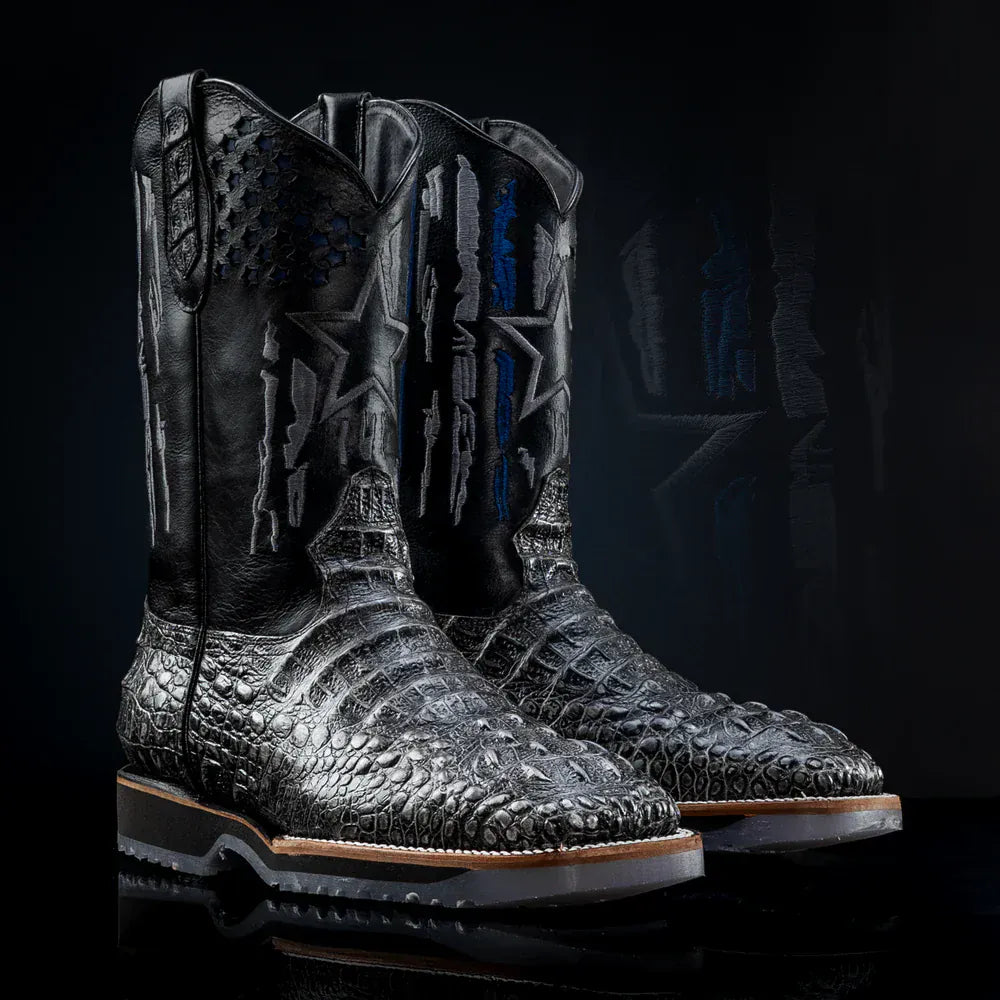 King Welt Men's Thin Blue Line 11' Caiman Tribute Soft Square Toe Work Boots - Gray - Pair Side View