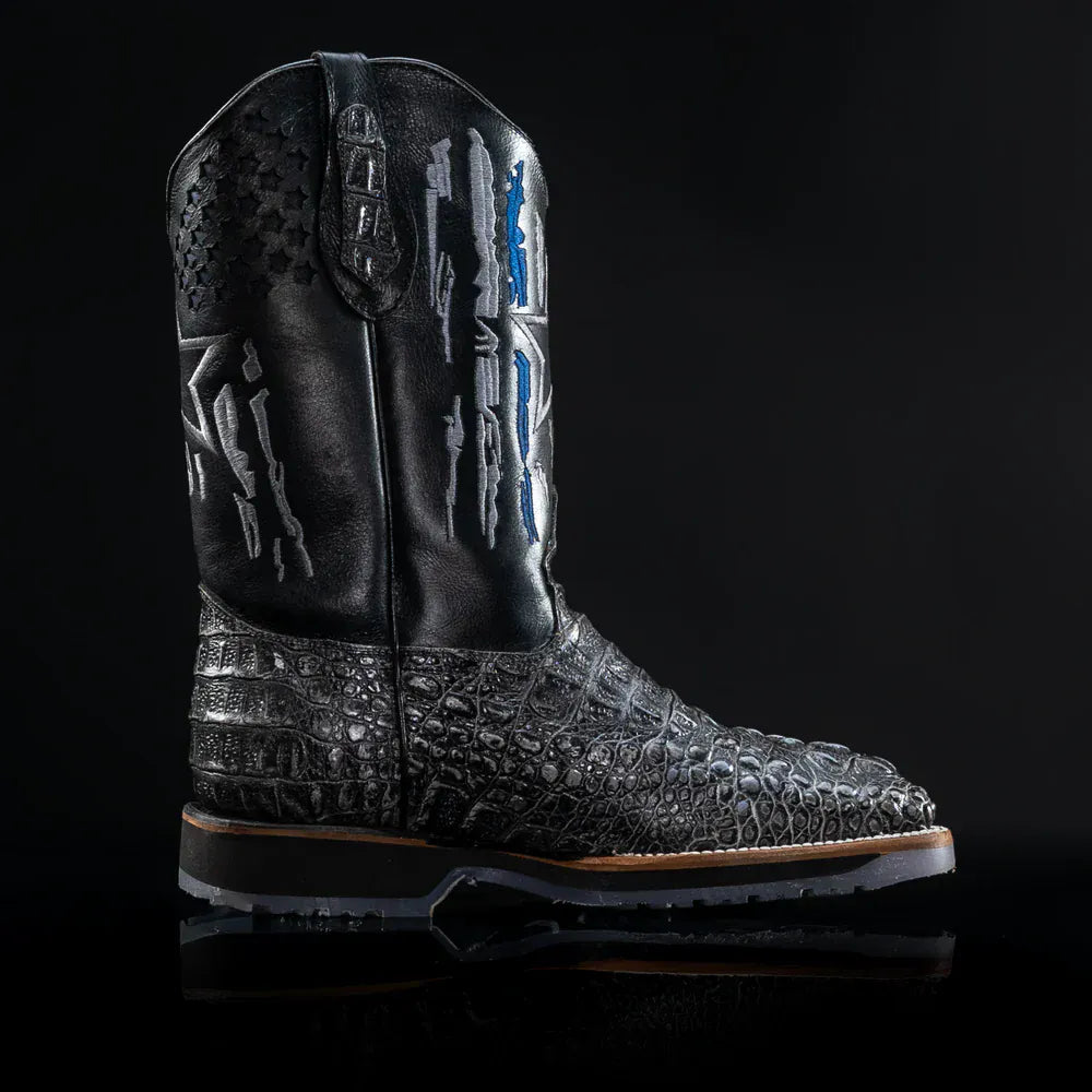 King Welt Men's Thin Blue Line 11' Caiman Tribute Soft Square Toe Work Boots - Gray - Right Side View