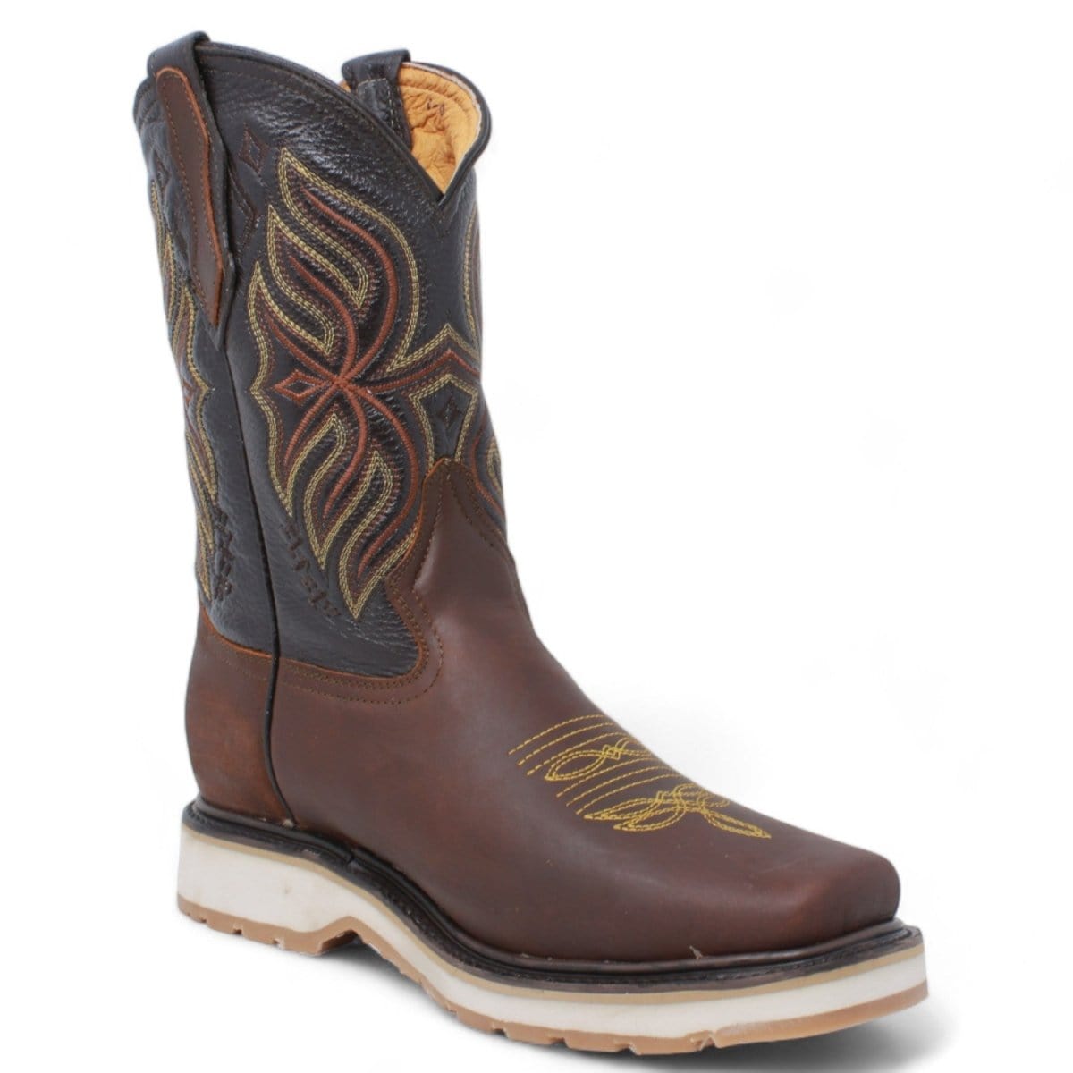 Men's square toe work boots with double density sole in brown by La Carreta side view