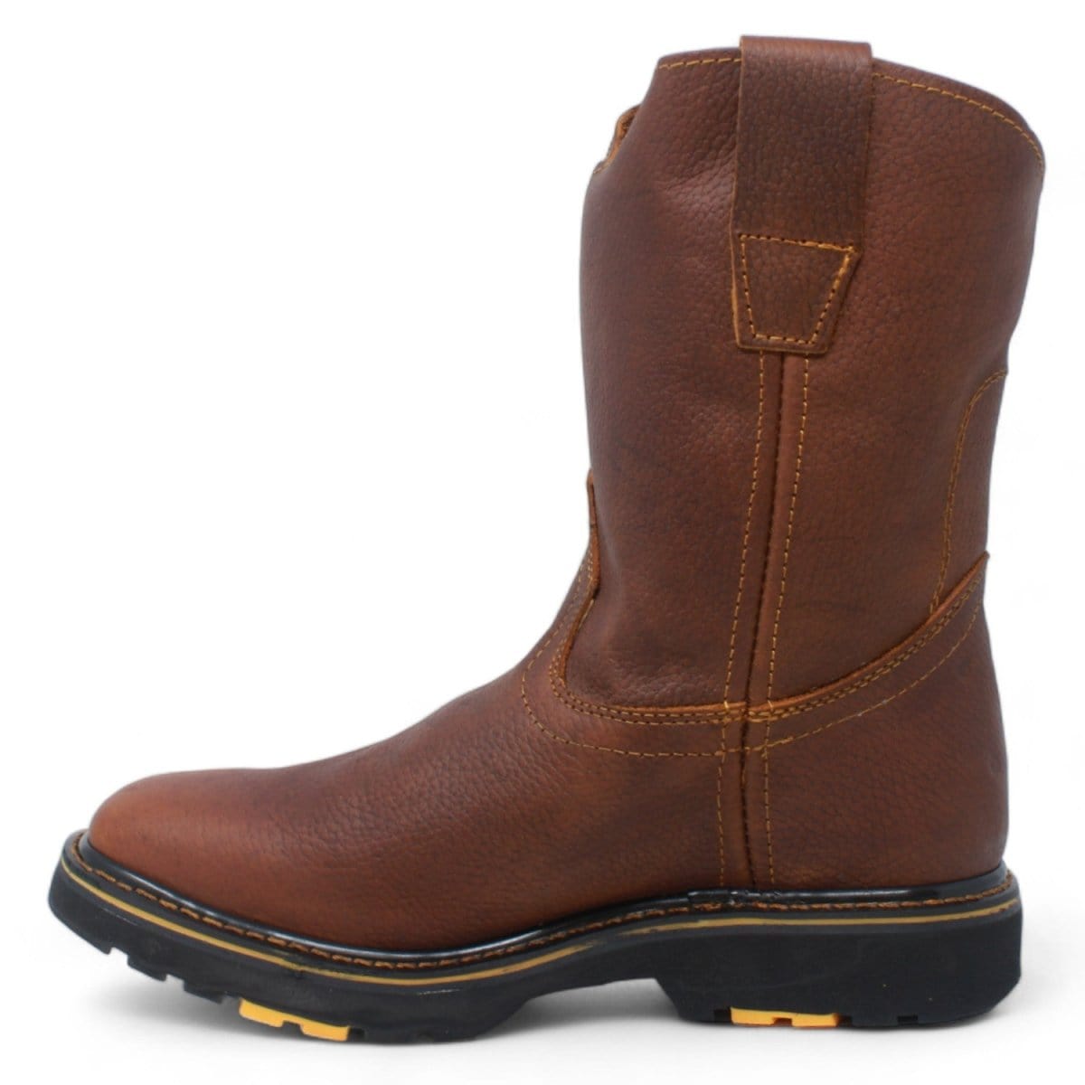 Men's square toe work boots with rubber sole in oak color by La Carreta left side view