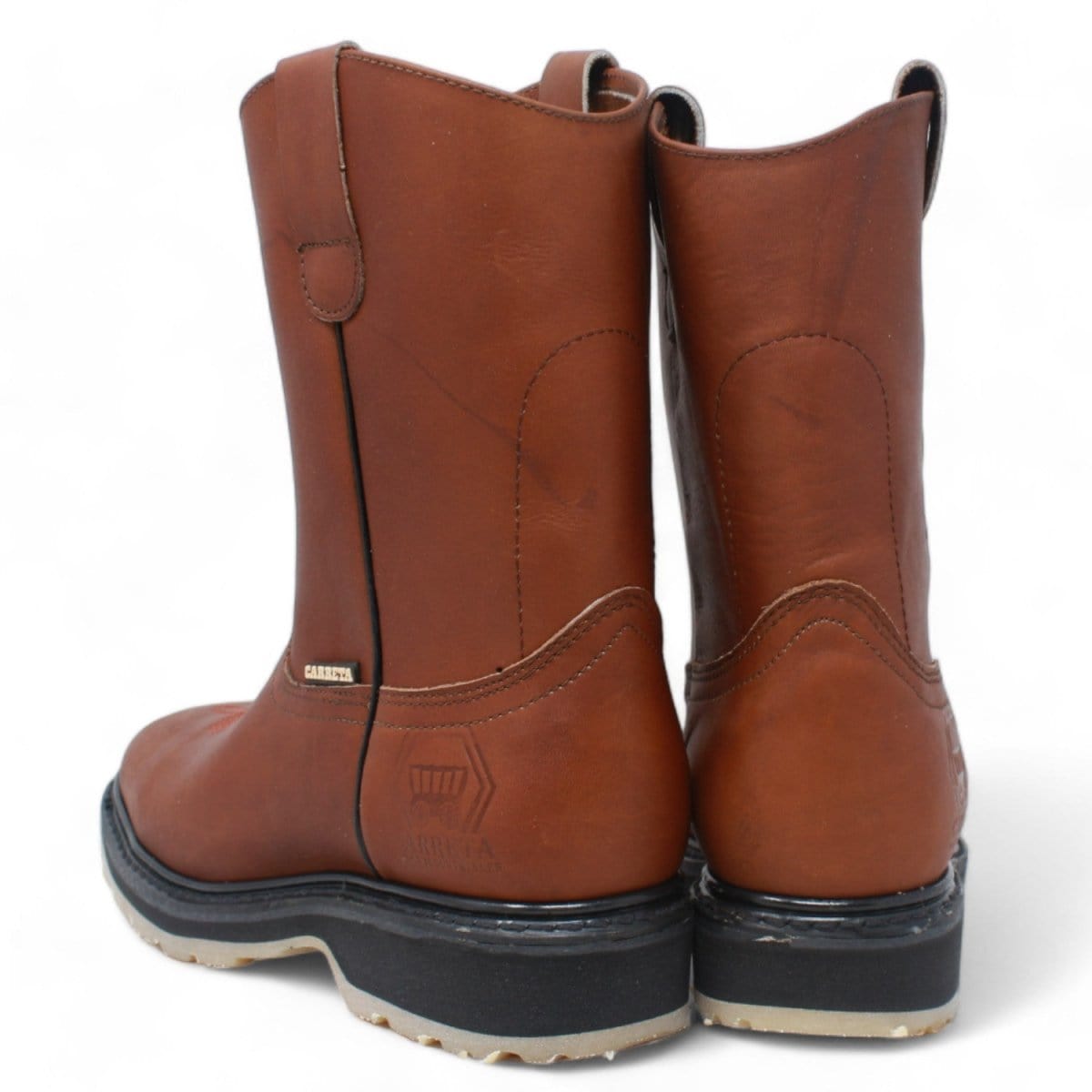 Men's square toe work boots with rubber sole in gold color by La Carreta back view