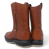 Men's square toe work boots with rubber sole in gold color by La Carreta back view