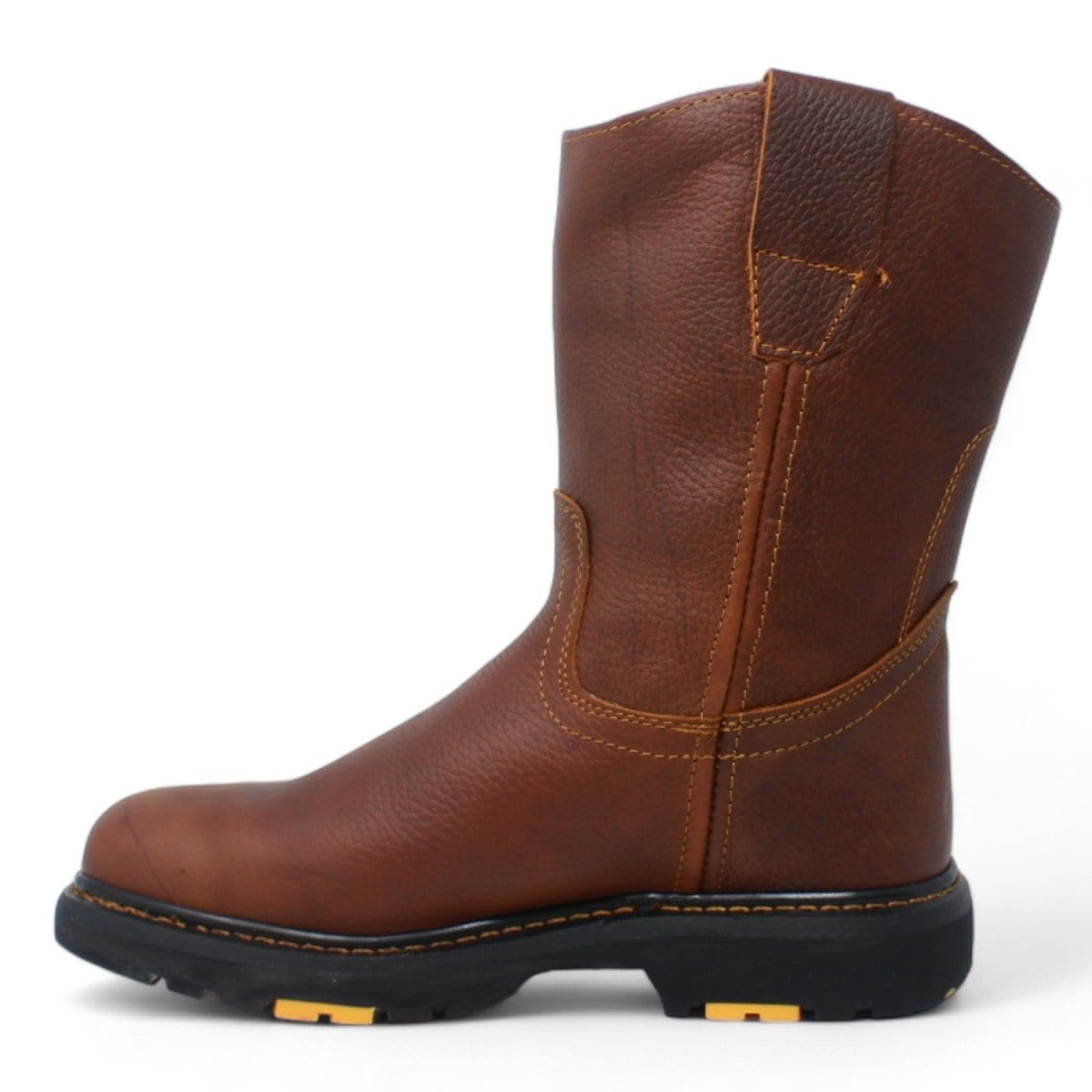 Men's round toe work boots with rubber sole in B23 brown oak by La Carreta left side view