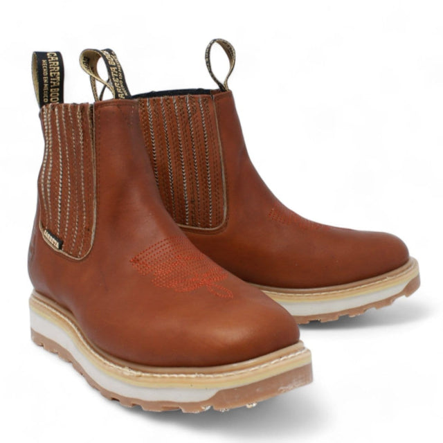 Men's square toe work boots with rubber sole in gold color by La Carreta side pair view