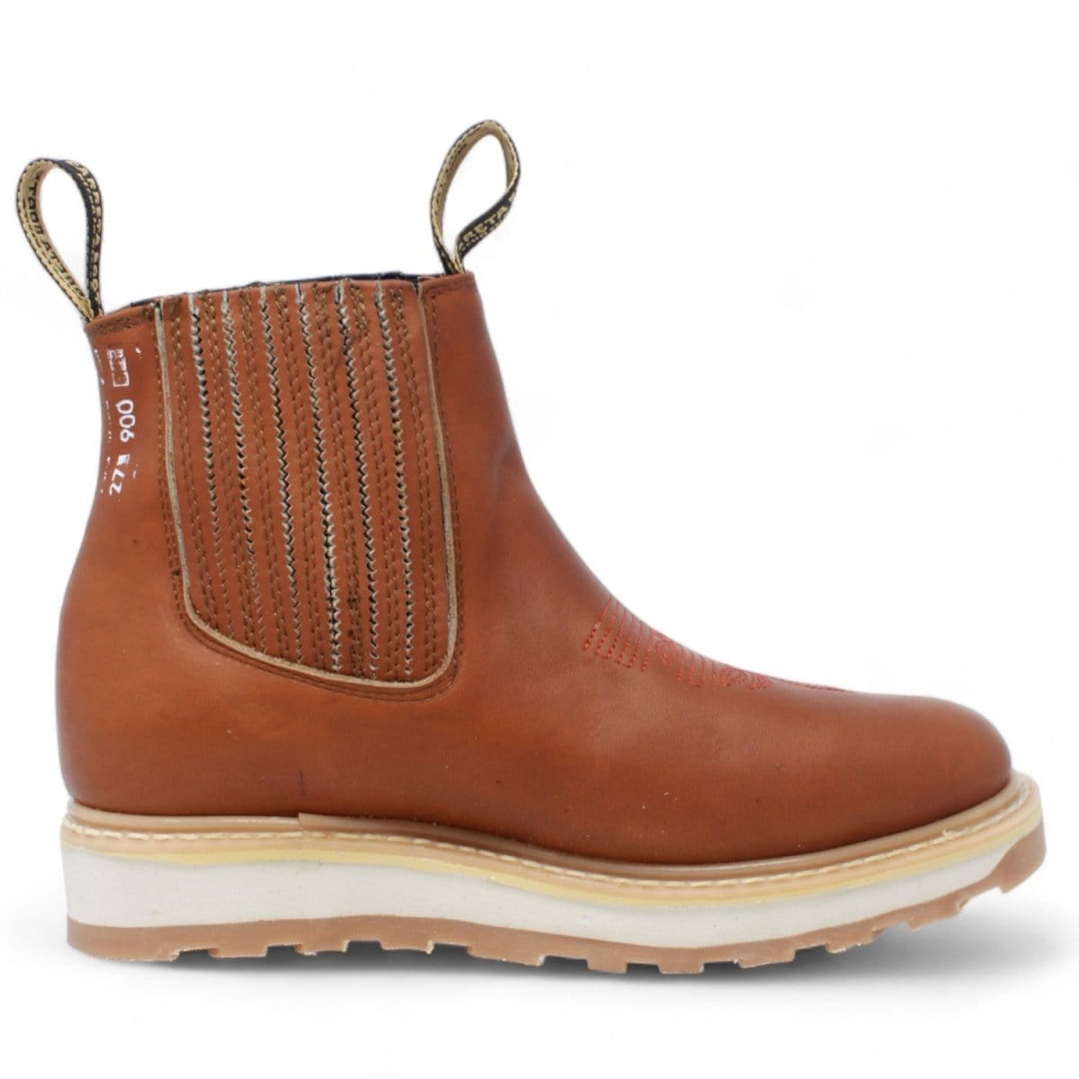 Men's square toe work boots with rubber sole in gold color by La Carreta right side view