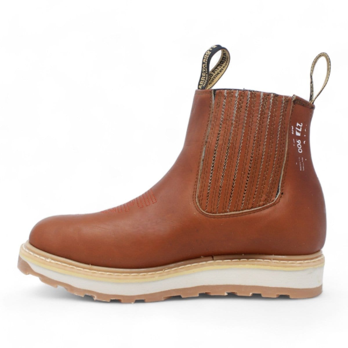 Men's square toe work boots with rubber sole in gold color by La Carreta left side view